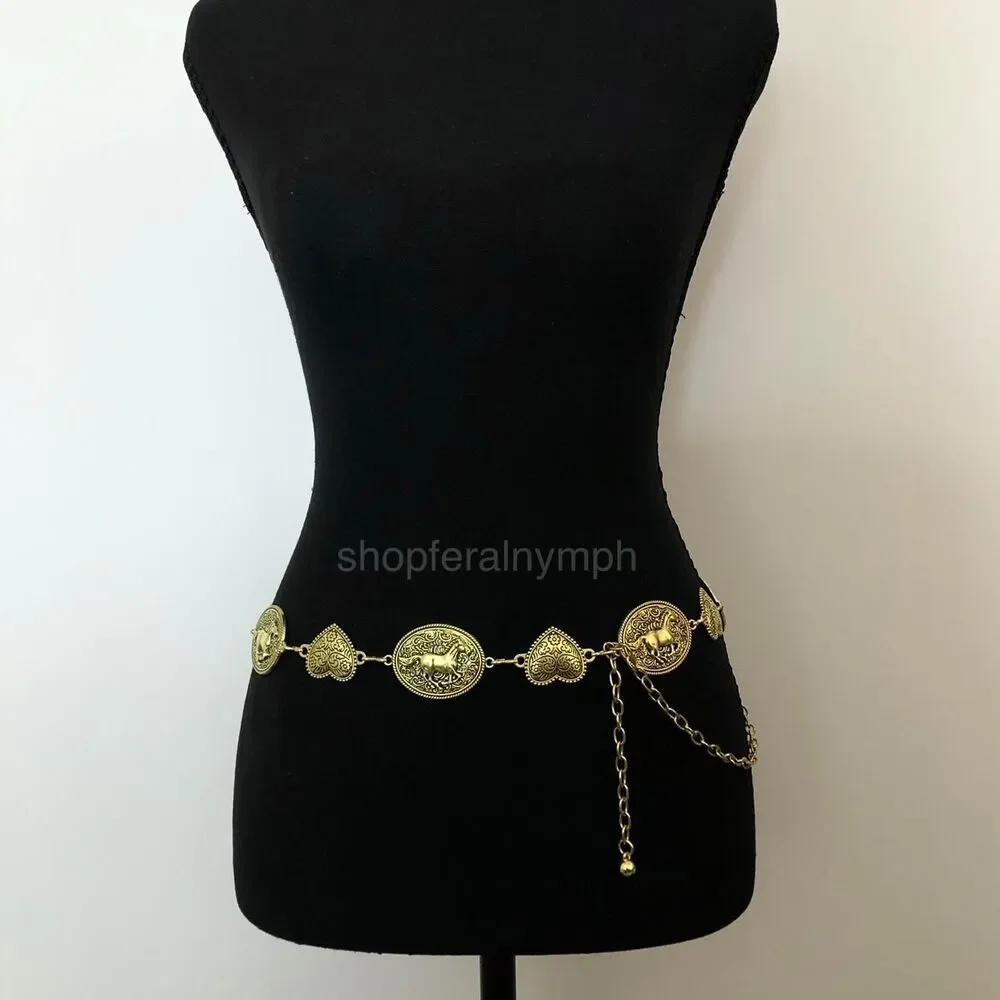 Y2K Boho Gold Horse Heart Medallion Chain Belt, Fits 24–47 Inches, X7GA1175
